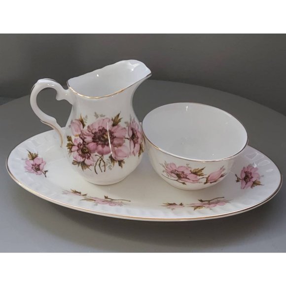 Crown Staffordshire Creamer, Sugar Bowl and Tray, With Pink Flowers and Gold - Picture 2 of 9